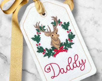 PERSONALIZED 6 Inch Embroidered Reindeer Stocking Gift Tag