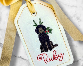 PERSONALIZED 6 Inch Embroidered Black Doodle stocking tag