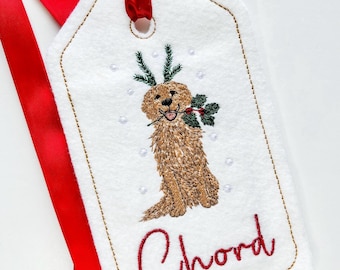 PERSONALIZED 6 Inch Embroidered Golden Retriever Dog stocking tag