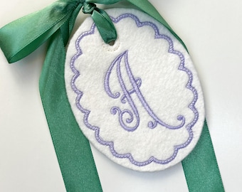 Single Letter script monogram Easter basket gift tag embroidered personalized