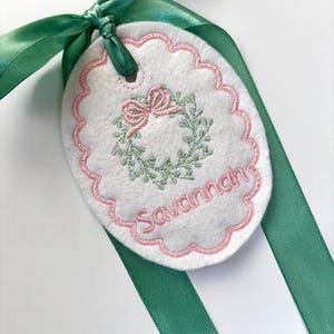 Personalized Greenery Wreath Easter Basket Tag-Embroidered Bunny, Flowers Monogram Name