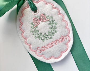 Personalized Greenery Wreath Easter Basket Tag-Embroidered Bunny, Flowers Monogram Name