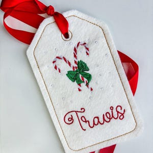 PERSONALIZED 6 Inch Embroidered Candy Cane Gift Tag, Christmas Holdiay Stocking decoration Tag
