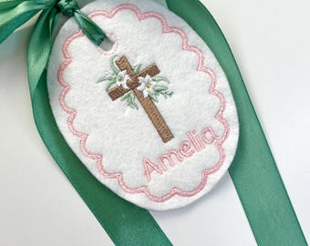 Personalized Easter Lily Cross Easter Basket Tag-Embroidered Bunny, Flowers Monogram Name