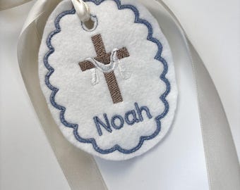 Personalized Easter  Cross with Sash Easter Basket Tag-Embroidered Bunny, Flowers Monogram Name