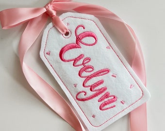 Personalized Embroidered Baby Shower Tag: Script Name, Satin Ribbon