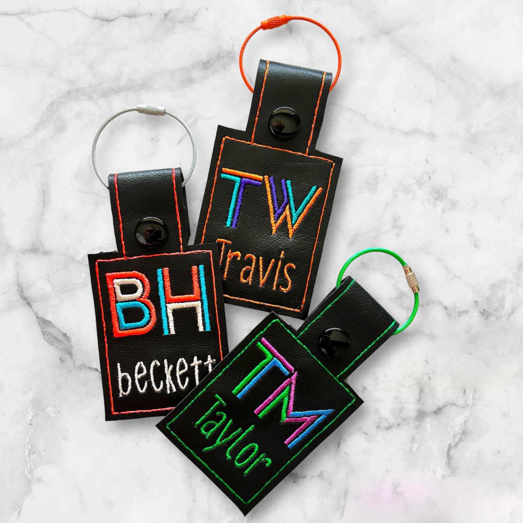 Embroidered Monogram Bag Tag: Black Marine Vinyl, Personalized Team Colors