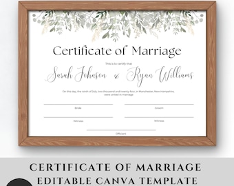 Wedding Certificate Template Editable, Marriage Certificate Printable, Wedding Keepsake, Certificate of Marriage, Canva Certificate Greenery