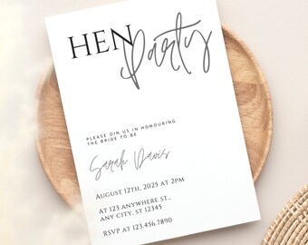 Minimal Hen Party Invite. Simple Bridal Shower Invitation. Modern Batch Party invite. Editable Canva Template