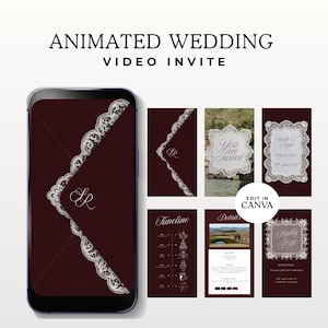 Invitación de boda animada estilo "Old Money" en color burdeos, elegante plantilla de invitación en video para Canva en rojo oscuro, invitación digital para teléfono, MP4 de música editable.