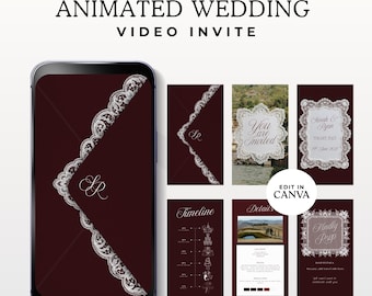 Burgundy Old Money Animated Wedding Invitation, Elegant Dark Red Canva Video Invite Template, Digital Phone Evite, Editable Music MP4