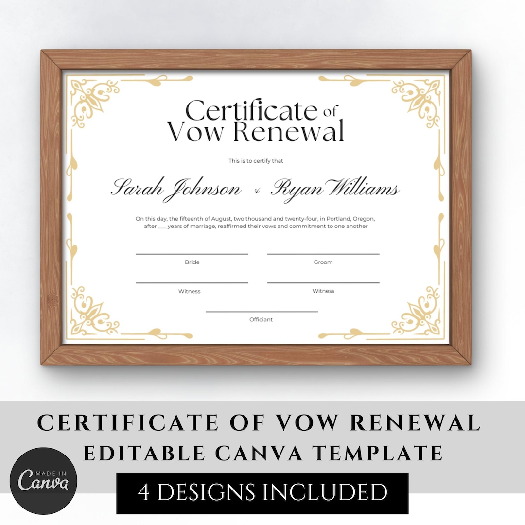 Vow Renewal Certificate Printable, Editable Vow Renewal Template ...