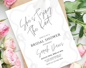 She's Tying The Knot Bow Bridal Shower Invite. Coquette Hen Pary Invitation. CottageCore Batch Party invite. Editable Canva Template