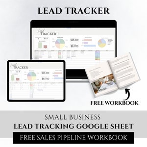 May include: A digital marketing image featuring a laptop, tablet, and open workbook. The screens display a "Lead Tracker" spreadsheet with charts and data. The workbook is labeled "Table of Contents" and the image includes the text "FREE WORKBOOK".