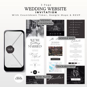 Puede incluir: Un diseño de invitación de sitio web de boda con un temporizador de cuenta regresiva, Google Maps y funciones RSVP. El diseño incluye una maqueta de teléfono inteligente, detalles de la boda y una línea de tiempo. El texto incluye "We're Getting Married" y "Sarah & Mark".
