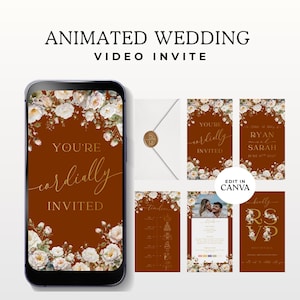 May include: An animated wedding video invitation template featuring a deep rust-coloured background with white floral borders. The design includes text such as "YOU'RE cordially INVITED," "RYAN and SARAH," and "RSVP," displayed on a smartphone screen and digital cards.