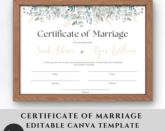 Winter Blue Greenery Marriage Certificate Template Editable, Wedding Certificate Printable, Wedding Keepsake, Certificate of Marriage, Canva
