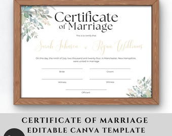 Winter Blue Greenery Marriage Certificate Template Editable, Wedding Certificate Printable, Wedding Keepsake, Certificate of Marriage, Canva
