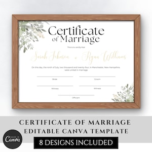 Greenery Marriage Certificate Template Editable, Wedding Certificate Printable, Wedding Keepsake, Certificate of Marriage, Canva Certificate