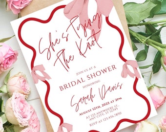 She's Tying The Knot Bow Bridal Shower Invite. Pink Coquette Hen Pary Invitation. CottageCore Batch Party invite. Editable Canva Template