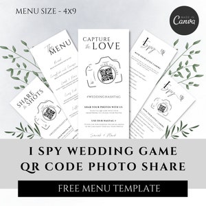 Cattura la partecipazione di nozze con codice QR dell'amore, gioco di ricevimento di nozze I Spy, condivisione di foto di nozze in formato menu. Modello Canva modificabile
