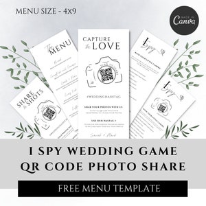 Capture The Love QR Code Wedding Card, I Spy Wedding Reception Game, Menu Sized Wedding photo share. Editable Canva Template