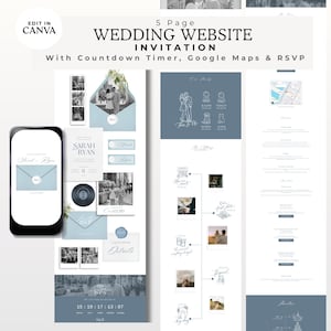 May include: A 5-page digital wedding website invitation template featuring a countdown timer, Google Maps integration, and RSVP section. The design includes blue and white color schemes, photo placeholders, and text elements like Sarah and Ryan.