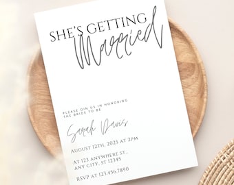 She's Getting Married Minimal Bridal Shower Invite. Simple Hen Pary Invitation. Modern Batch Party invite. Editable Canva Template