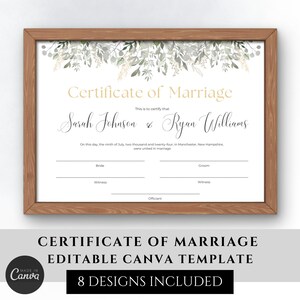 Greenery Wedding Certificate Template Editable, Marriage Certificate Printable, Wedding Keepsake, Certificate of Marriage, Canva Certificate