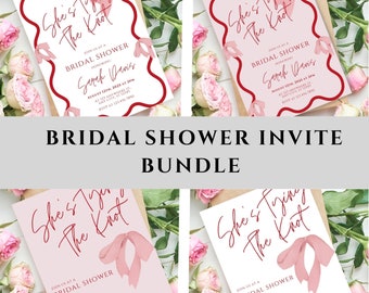 She's Tying The Knot Bow Bridal Shower Invite. Pink Coquette Hen Pary Invitation. CottageCore Batch Party invite. Editable Canva Template