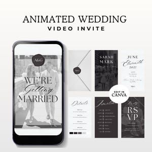 Może przedstawiać: Animowane zaproszenie wideo na ślub wyświetlane na smartfonie. Projekt zawiera czarno-białe zdjęcie pary z napisem "We're Getting Married". Dodatkowe karty zawierają szczegóły, RSVP i harmonogram.