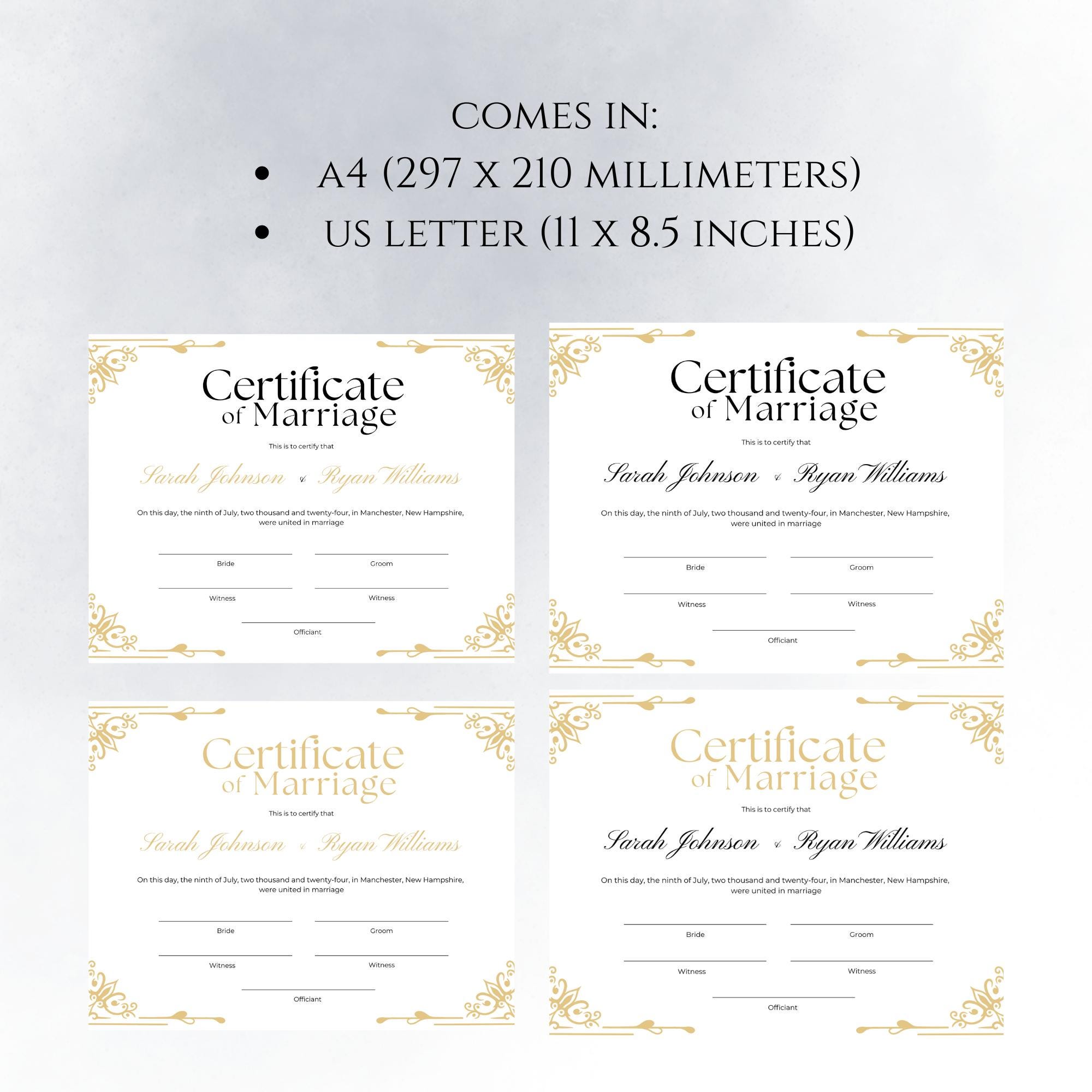 Wedding Certificate Template Editable, Marriage Certificate Printable ...