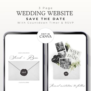 May include: A digital wedding website template displayed on a smartphone screen. The design includes "Save the Date" announcements, a countdown timer, and RSVP options. The text "Edit in Canva" is also visible.