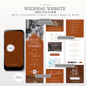 May include: A 3-page digital wedding website invitation template featuring a countdown timer, Google Maps integration, and RSVP section. The design uses a rust-orange color palette with white text, including a mobile phone mockup with an S&R wax seal.