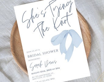 She's Tying The Knot Bow Bridal Shower Invite. Blue Coquette Hen Pary Invitation. CottageCore Batch Party invite. Editable Canva Template