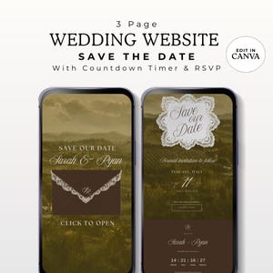 Könnte beinhalten: Zwei Smartphone-Bildschirme zeigen eine 3-seitige Hochzeits-Website-Vorlage. Das Design umfasst einen dunkelbraunen Umschlag mit Spitzenbesatz, einen Countdown-Timer, einen RSVP-Bereich und Text mit Save Our Date, Sarah & Ryan sowie Tuscany, Italy.