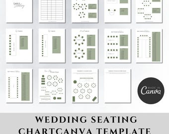 May include: A printable wedding seating chart template for Canva. The template includes 19 pages with different layouts for round, square, and rectangular tables. The pages are designed with a minimalist aesthetic, featuring a white background and green accents.