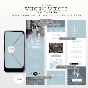 May include: A 3-page digital wedding website invitation template featuring a light blue color scheme, a countdown timer, Google Maps integration, and an RSVP section. The design includes a mobile phone mockup with a wax seal graphic and text.