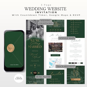 Plantilla de sitio web para invitaciones en verde esmeralda y dorado, sitio web de bodas de lujo editable en Canva con formulario de confirmación de asistencia rastreable, descarga digital.