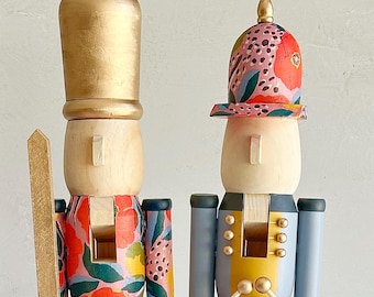 Handpainted Red Floral Nutcracker Set – Wooden Christmas Mantel Decor (2 Pieces)