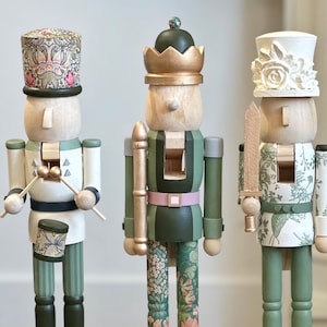 Green Toile Wood Nutcracker Trio | Modern Nutcrackers | Set of 3 | Handpainted | Christmas Mantel