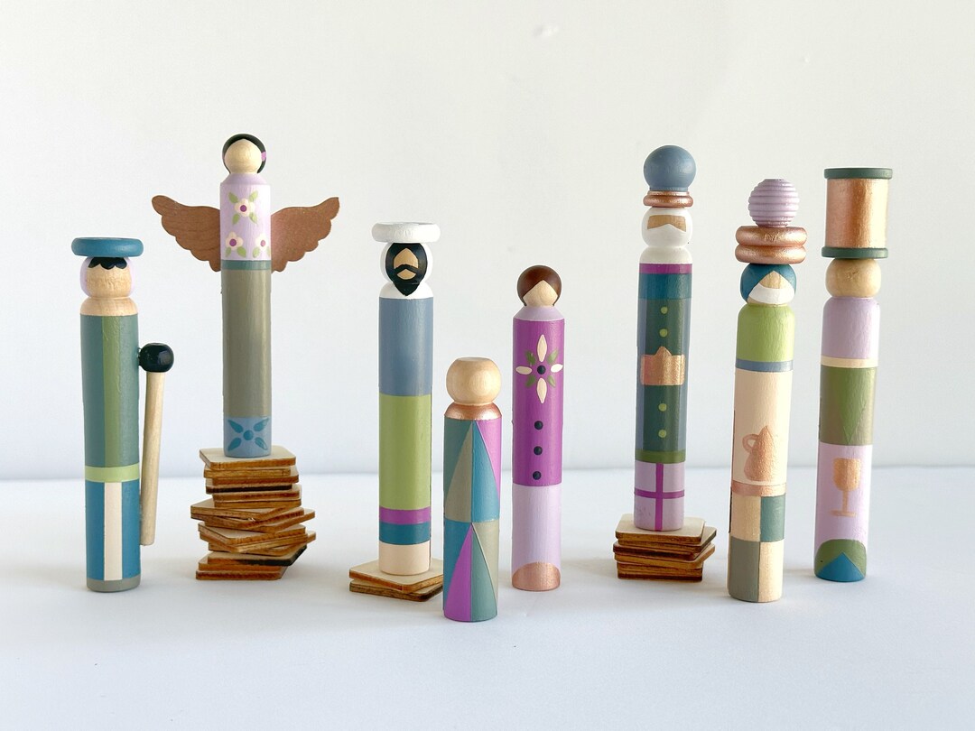 Clothespin Nativity Set Handpainted Lilac Angel 8 Pieces Etsy