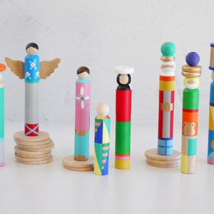 Clothespin Nativity Set | Handpainted | Blue Angel | 8 Pieces | Christmas Mantel