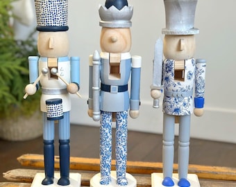 Blue Toile Wood Nutcracker Trio | Modern Nutcrackers | Set of 3 | Handpainted | Christmas Mantel