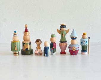 Modern Handpainted Nativity Set – Small 8 Piece Christmas Decor with Sage Angel