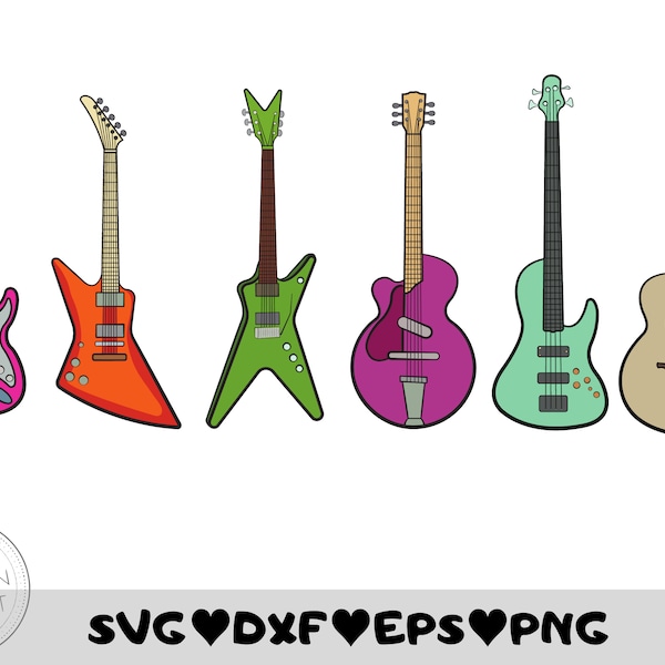 Guitars Bundle - SVG, PNG, EPS,Dxf - Digital Cut Files, Commercial Use, Instant Download, Files for Cricut, Electric Guitar, Acoustic Guitar