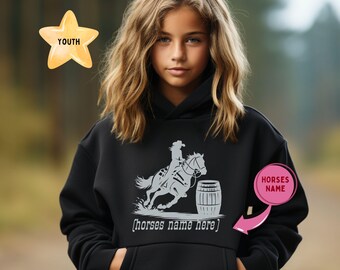 Youth Barrel Racer Custom Personalized Pullover Hooded Sweatshirt, Personalized Hooded Sweatshirt, Horse Sweatshirt, Gift for Youth