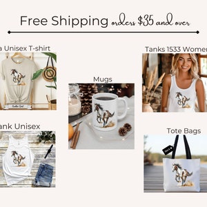 May include: Selection of items with a watercolour painting of a running horse. Includes a beige t-shirt, white tank tops, a white mug, and a white tote bag. The text "Bella Unisex T-shirt", "Tanks 1533 Womens", "Tank Unisex", "Mugs", and "Tote Bags" are displayed.