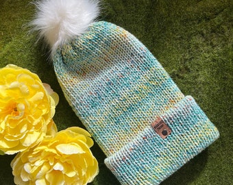 Spring Basic Beanie with Removable Faux Fur Pom "Garden Stroll" | Double Layer Beanie Hat