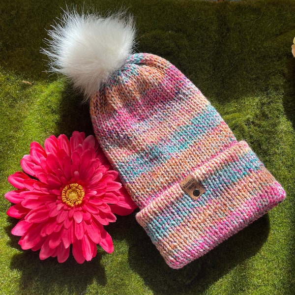 Spring Basic Beanie with Removable Faux Fur Pom "Flower Bouquet" | Double Layer Beanie Hat